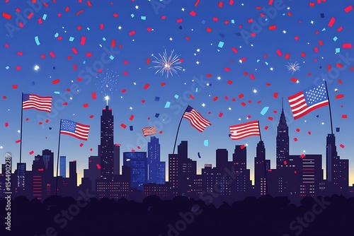 Pixel Art Cityscape with Fireworks and Confetti with American Flags at Night