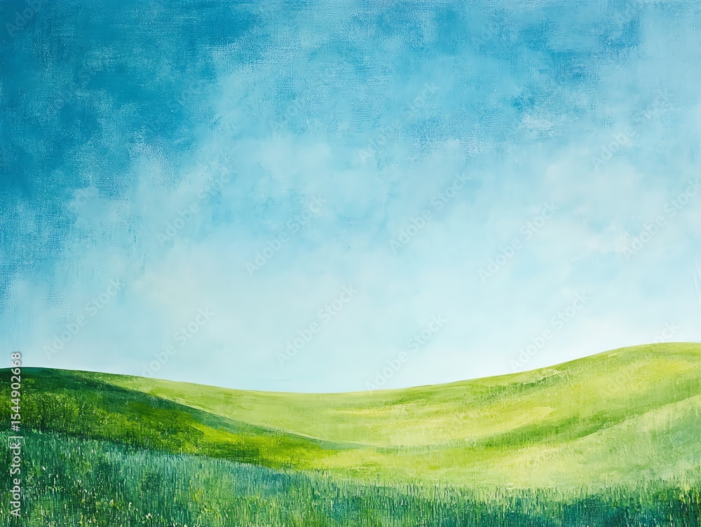 Obraz premium Abstract Landscape with a Curving Horizon Line Dividing Blue Sky and Green Grassy Field