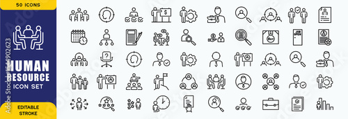 Set of 50 outline icons related to HR, Human Resources, Recruitment, Employment, business, office, company, management. Linear icon collection. Editable stroke. Vector illustration
