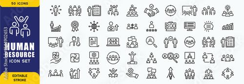 Set of 50 outline icons related to HR, Human Resources, Recruitment, Employment, business, office, company, management. Linear icon collection. Editable stroke. Vector illustration