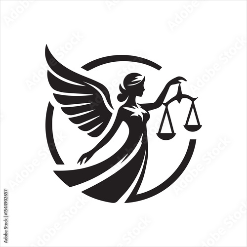 A stylized black and white depiction of Lady Justice with wings, holding scales within a circular frame.