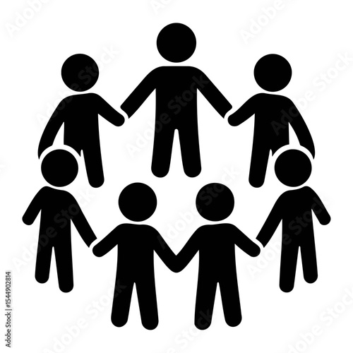A group of seven black stick figure people holding hands in a circle with one in the center top on transparent background