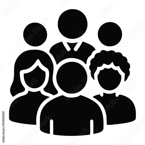A simple black and white icon depicting a group of diverse people standing together closely formed in a team on transparent background