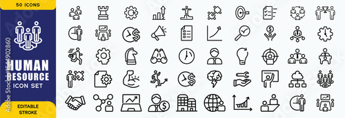 Set of 50 outline icons related to HR, Human Resources, Recruitment, Employment, business, office, company, management. Linear icon collection. Editable stroke. Vector illustration