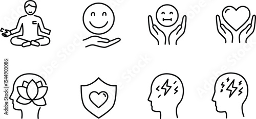 Mindfulness, Meditation, and Emotional Well-being A Collection of Line Art Icons