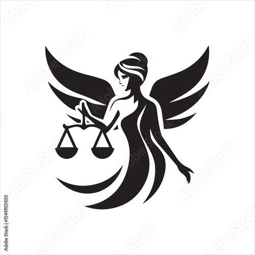 Silhouette of a woman with wings holding scales, representing justice.