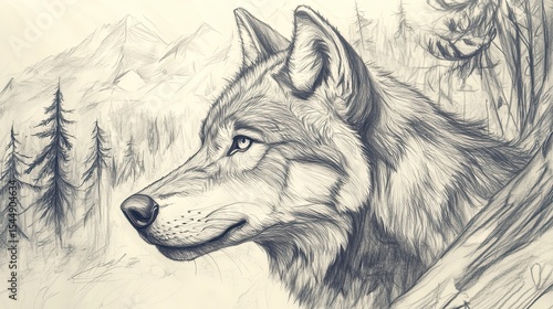 Pencil sketch of a wolf in a mountainous forest
