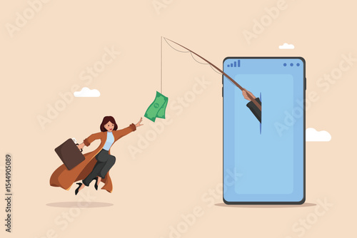 Online Scam Concept: Businesswoman Being Lured by Money on a phishing Hook Emerging from a Mobile Phone, Illustrating Digital Deception.