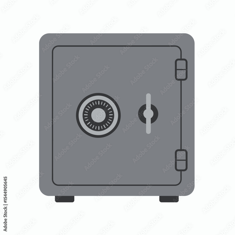 A gray safe with a combination lock and a handle sitting on two short legs A gray safe with a combination lock and a handle sitting on two short legs