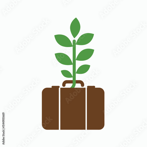 A green plant grows out of a brown suitcase on a white background