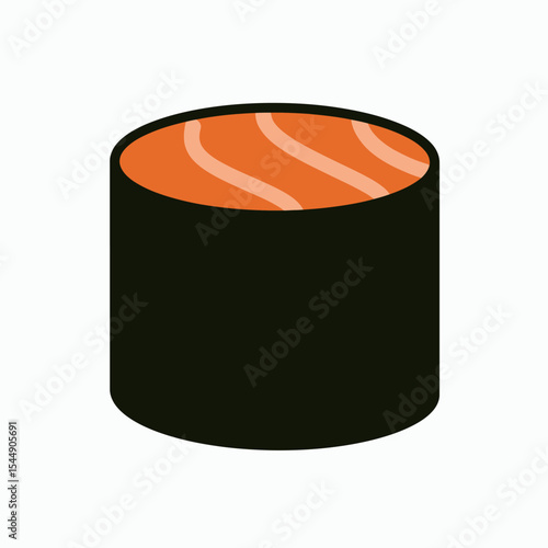 A maki roll with salmon on top wrapped in dark nori