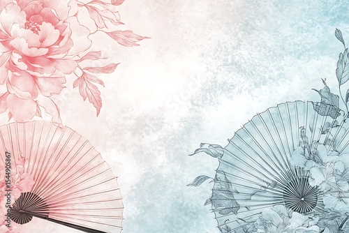 Rose and Light Blue Textured Background with Faded Floral Designs and Oriental Fans