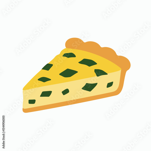 A slice of quiche is depicted showcasing a yellow filling with green flecks in a tan crust