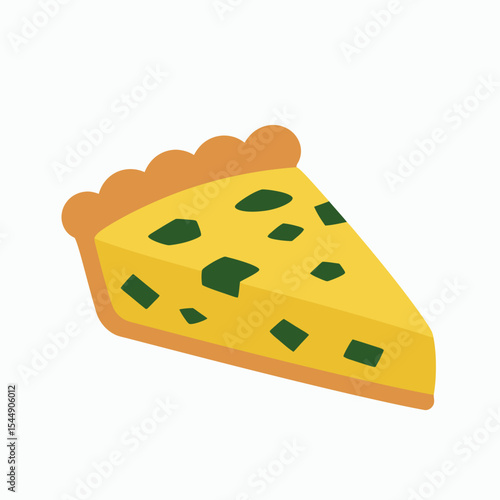 A slice of quiche with dark green accents presented on a white background