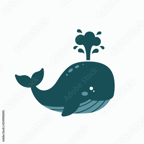 A stylized bluegreen cartoon whale spouting water on a plain white background