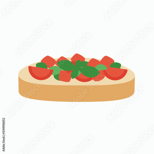 A stylized illustration of a piece of bruschetta with tomatoes and basil on a toasted bread slice