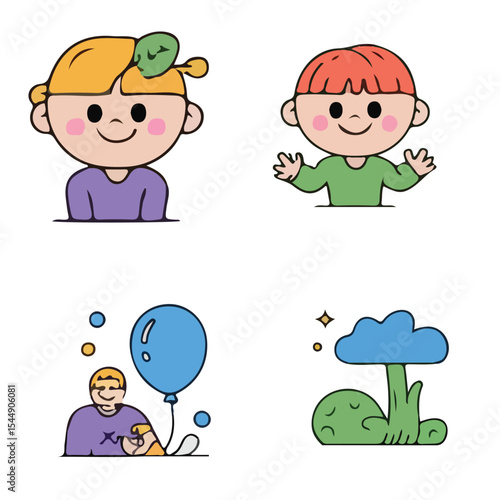 A fun cartoon illustration set of smiling boy and girl friends and school children with a book