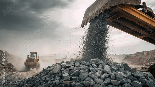 The conveyor system pours crushed stone into the quarry pit, highlighting the scale and efficiency of modern mining.
