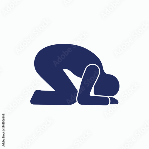Dark blue silhouette depicts a kneeling human figure with head bowed touching the ground