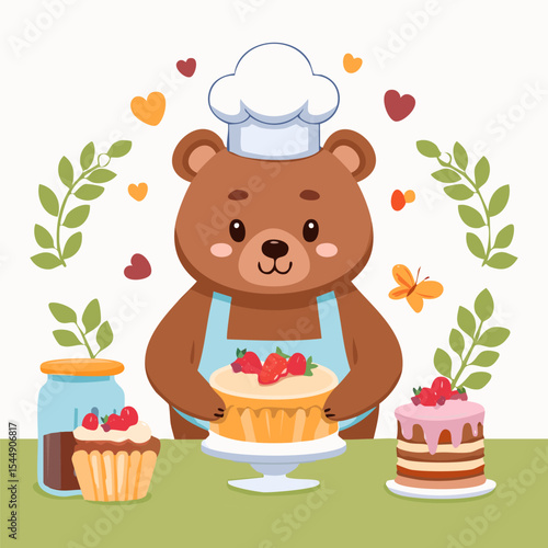 Cute Bear baking a cake