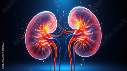 Human Kidneys: Detailed 3D Medical Illustration, Anatomy, Vascular System, Dark Background.