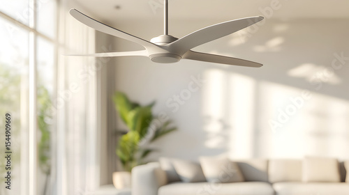 Modern interior design with a ceiling fan and natural light in a bright living room