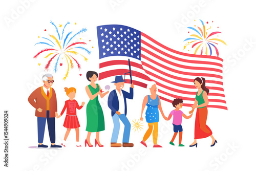 Happy family celebrating fourth of july with fireworks and american flag