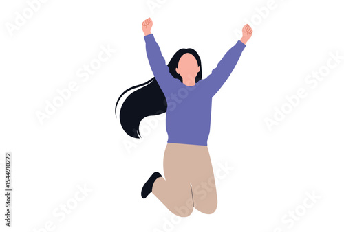 Joyful woman jumping with arms up, celebration vector illustration.