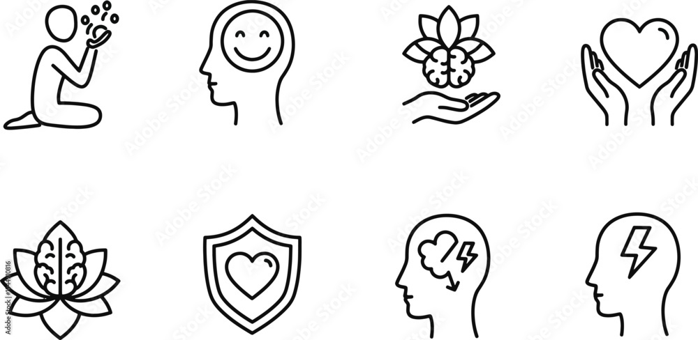 Fototapeta premium Mindfulness, Meditation, and Mental Wellness Icons for Inner Peace and Happiness