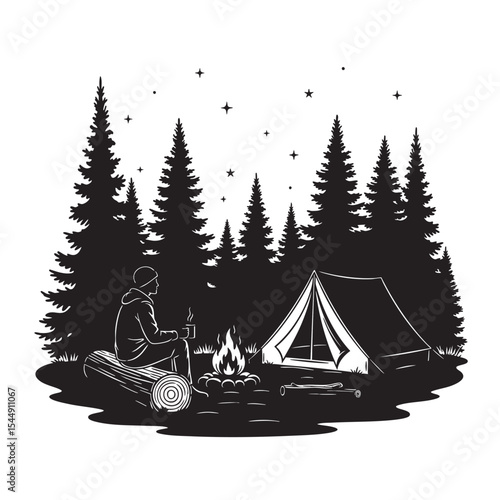 Silhouette Illustration of a Tranquil Camping Scene Under the Starry Night