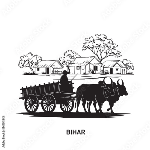 A rural Bihar scene with ox cart village houses and trees in silhouette
