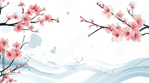 Stylized Cherry Blossom Branches with Pink Flowers and Flowing Blue Water Pattern