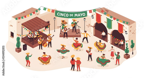 Isometric pixel art depicting a cultural celebration with musicians dancers and festive decorations against a transparent background. The scene showcases vibrant colors and a lively atmosphere.