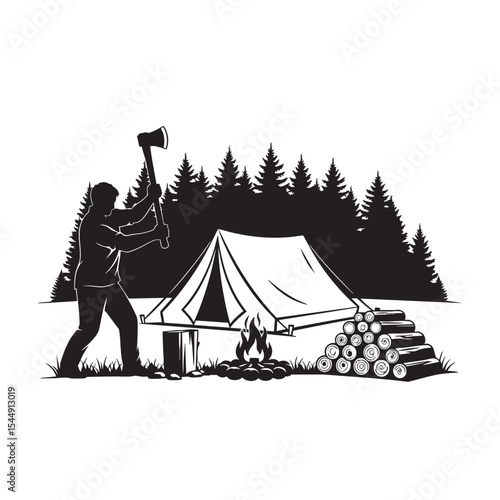 Silhouette of a man chopping wood at a campsite with a tent