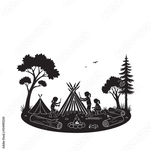 Silhouette of children camping in the woods and building a tent and bonfire