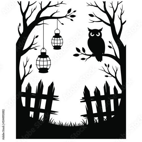 A silhouette of a shadowy forest with hanging lanterns, old fence, dry trees, and an owl on a branch in horror fairytale crossover style vector