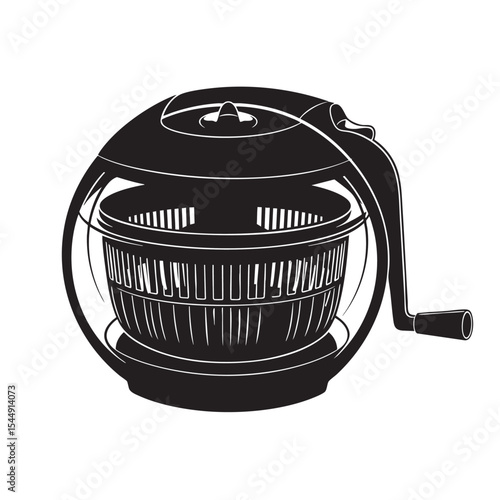 Illustration of a black and white salad spinner with turning handle