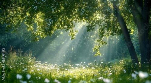 Fototapeta Naklejka Na Ścianę i Meble -  The natural beauty of a spring forest is exemplified in a sunny spring glade landscape