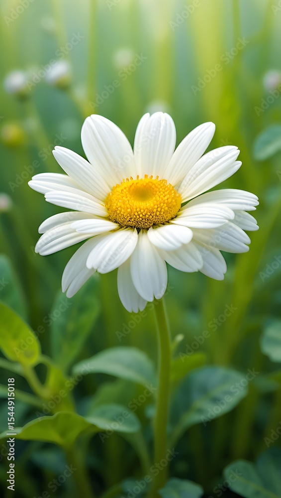 Fototapeta premium Single white daisy flower in a green field, close-up view, summer bloom
