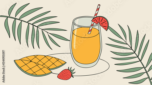 Illustration of a glass of orange juice with a straw, mango slices, strawberry and palm leaves around it