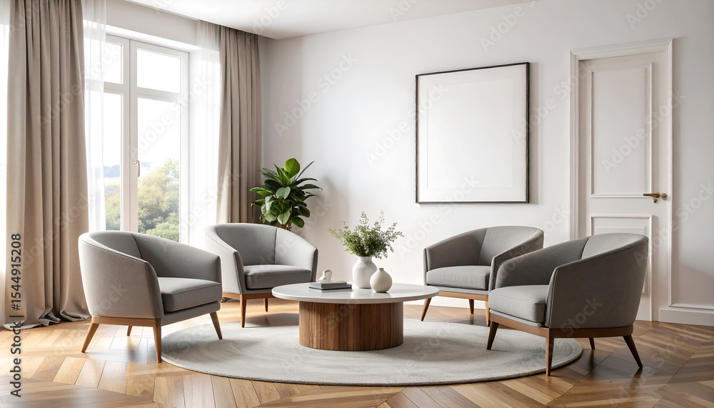 Fototapeta premium Elegant living room with four comfortable armchairs, a round coffee table, and large window.