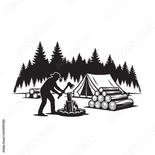 Woodsman silhouette chopping wood at a campsite amidst the forest trees