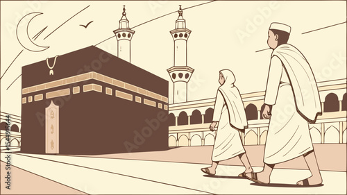 People walking towards the kaaba in mecca with minarets and crescent moon in the background on a sunny day