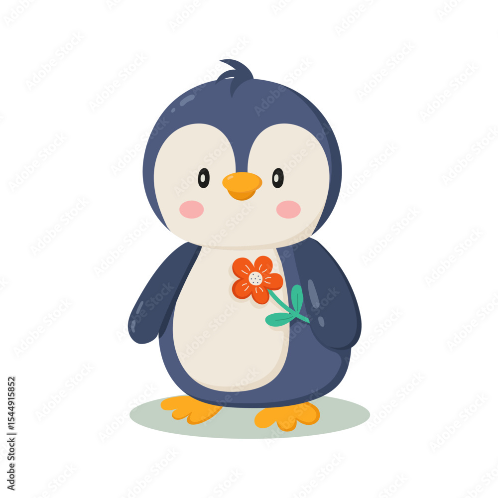 Fototapeta premium Adorable children`s illustration of a baby penguin holding a flower. Perfect for baby products, greeting cards, or children`s book.