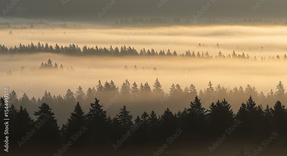 Naklejka premium Sunrise Illuminating a Misty Forest with Pine Trees