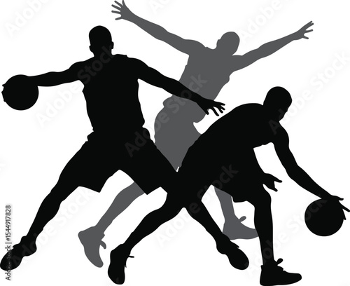 Silhouettes of basketball players in action dribbling the ball and reaching with arms up high in the air