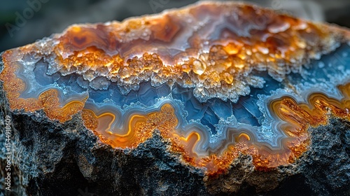 Petrified wood polished surface showing layered cyan amber agate bands with natural crystal formations and intricate fossilized wood grain texture patterns