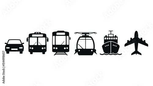 Black and white icons depicting various modes of transportation arranged in a horizontal line up close