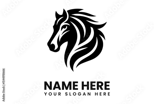 Black and white vector illustration of a horse head in profile, with stylized mane. Logo concept.