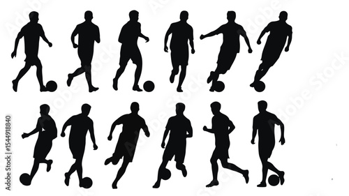 Silhouettes of soccer players in various poses dribbling and kicking a soccer ball on a white background